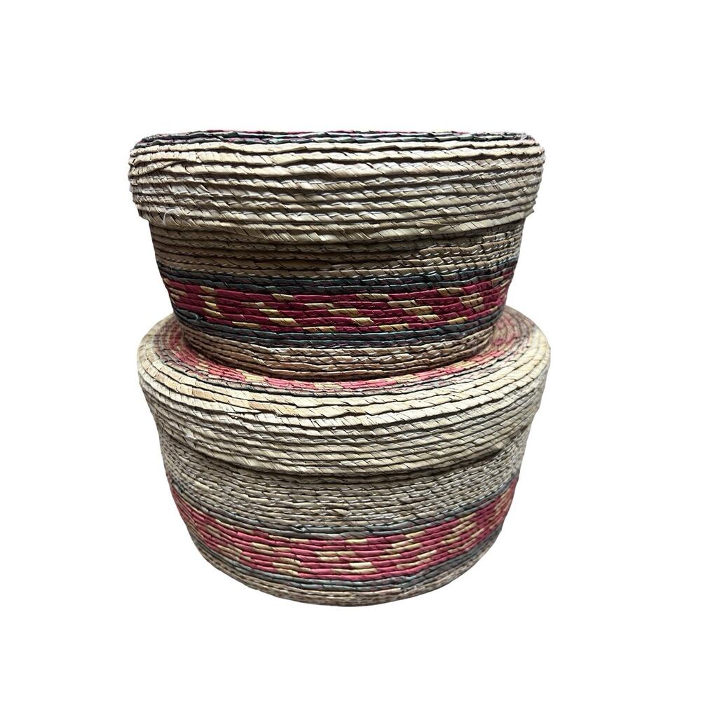 Vintage Set of Nesting Palma Mexican Handmade Lidded Round Storage Baskets